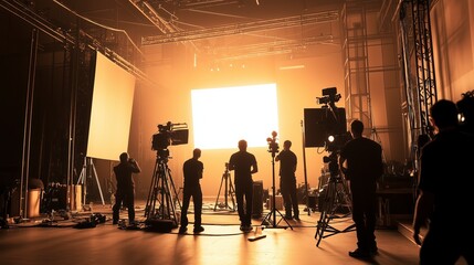 A professional film studio production set with a full crew working behind the scenes, featuring large lighting equipment, motion picture cameras, and silhouetted figures creating cinematic scenes