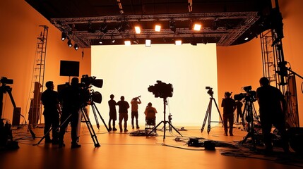 A professional film studio production set with a full crew working behind the scenes, featuring large lighting equipment, motion picture cameras, and silhouetted figures creating cinematic scenes