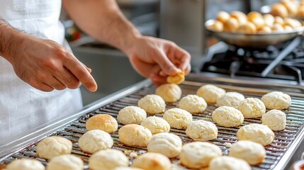 Indian festive Diwali ladoos. Baker preparing fresh pastries in a kitchen setting.