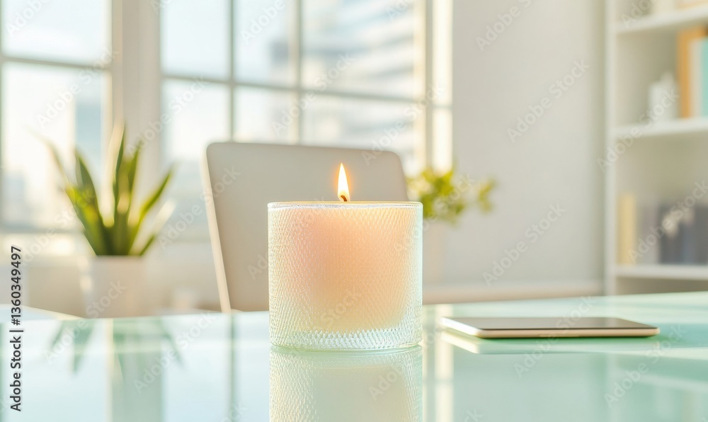 Aufkleber mindful workspace serenity minimalist glass desk with soft-glow candle - modern productivity and wel