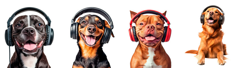 Set of happy dog wearing headphones enjoys music isolated on transparent background