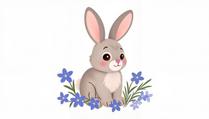 Obraz premium Curious baby bunny among bluebells in soft lighting, gentle innocence
