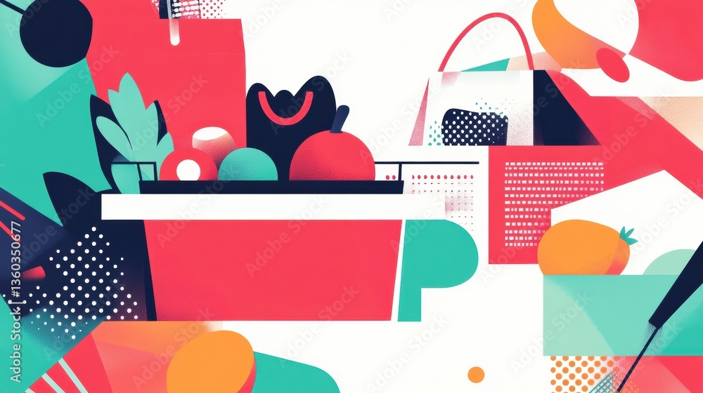 Poster Stylish abstract representation of grocery shopping with bold colors and geometric shapes Generative AI