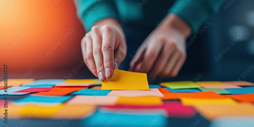 Poster Mindful Strategy Visualization Gen Z Professional Arranging Colorful Workflow Cards in Innovative Design Thinking Process for Creative Problem-Solving and Agile Project Management