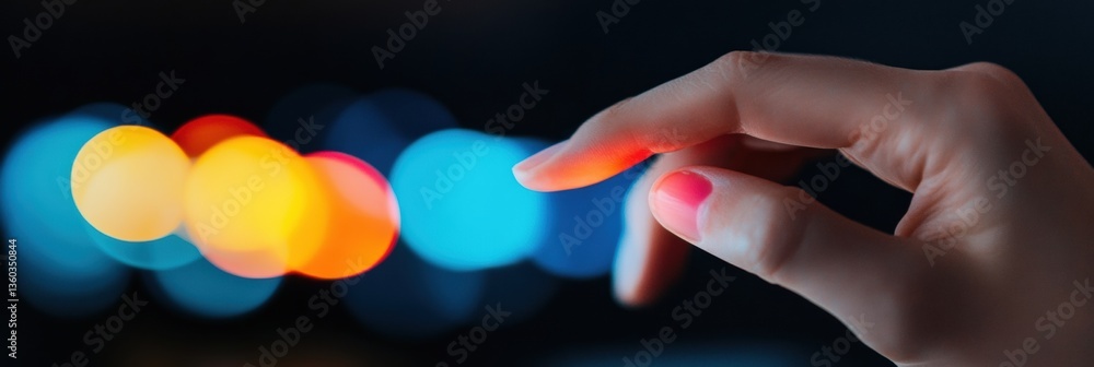Poster Immersive Digital Interaction Gen Z Minimalist Hand Navigating Vibrant Bokeh UX Design - Futuristic Interface Exploration in Soft-Touch Technological Ecosystem