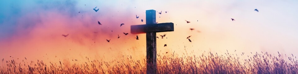 Ethereal Purple Up Day Serenity Rustic Wooden Cross in Lavender Field - Holistic Wellness, Spiritual Healing and Memorial Inspiration for Mindful Living