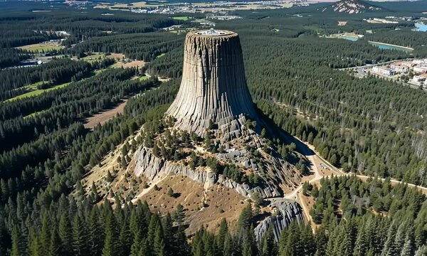 Aerial view of Devils Tower National Monument in the United States. 4k video
