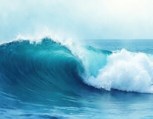 Abstract watercolor illustration of blue ocean wave. Fresh cheerful summer concept for wallpaper or background. Positive and healthy tones. Tropical design for vacation advertising, travel posts.