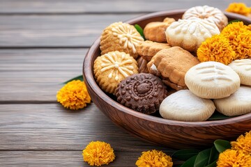 Fototapeta premium Indian festive Diwali ladoos. Delicious assortment of cookies in a wooden bowl with flowers.