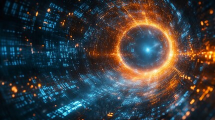 Obraz premium A digital tunnel of glowing blue and orange light, creating a futuristic and dynamic visual effect, suggesting energy and movement.