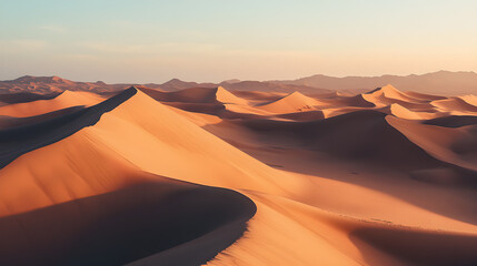 Naklejka premium The breathtaking beauty of a desert landscape, with its towering sand dunes and endless horizon, creates a powerful reminder of the raw strength and solitude of nature