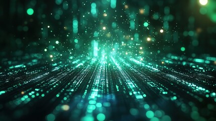 Green binary codes flashing and flowing with light dot effects, indicating the dynamic nature of digital data.