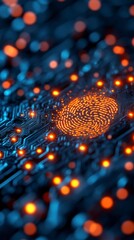A close-up image of a digital circuit board featuring an illuminated fingerprint design, showcasing technological innovation and security.