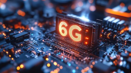 A chip with the "6G" logo on a circuit board, representing the advanced communication technology of the future.