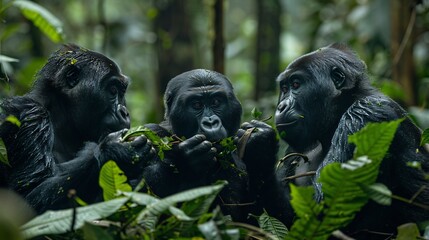 Group of Gorilla beringei graueri eastern lowland gorilla feasting leaf dense rainforest of Congo image capture rich detail of their thick black fur expressive face strong arm they pull branch toward