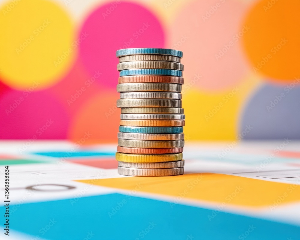 Poster vibrant financial growth visualization modern investment strategy with stacked metallic coins on dyn