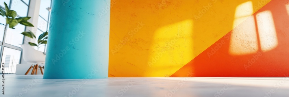 Poster Vibrant Minimalist Digital Workspace Color-Block Design Inspiring Creativity with Geometric Transparency and Modern Architectural Lighting Solutions