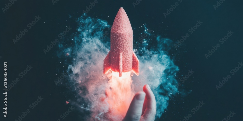 Poster quantum leap innovation futuristic digital rocket launch with human hand, pioneering tech disruption