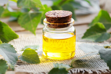 Birch leaf extract, oil or tar in a glass bottle with tree leaves on wooden rustic background,...