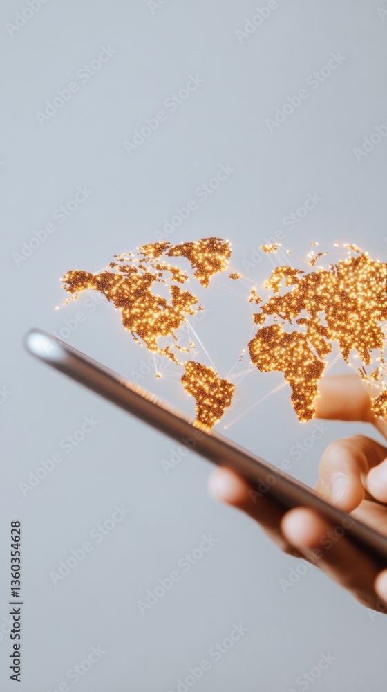 Poster holographic global connectivity immersive digital mapping on smartphone revealing worldwide network 