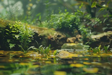 Tranquil forest pond with vibrant plants during early morning light