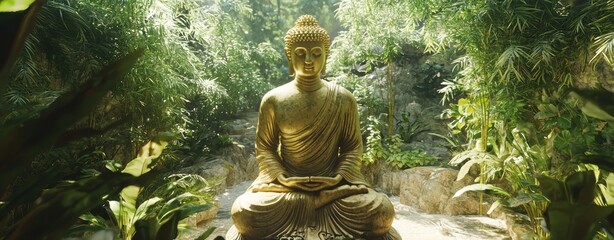 Serene Golden Buddha Statue in Lush Tropical Garden