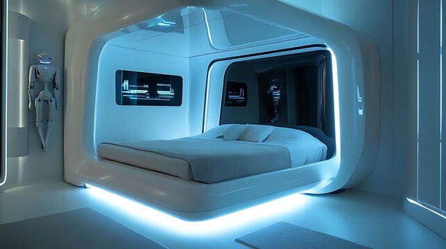 Bright and futuristic smart bedroom with robotic furniture that adapts to user needs, an illuminated glass wardrobe, and a self-cleaning bed 