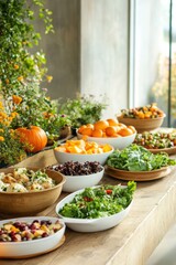 Fototapeta premium Farm-to-Table Wellness Feast Organic Harvest Buffet with Seasonal Ingredients - Sustainable Dining Experience for Mindful Foodies and Culinary Content Creators