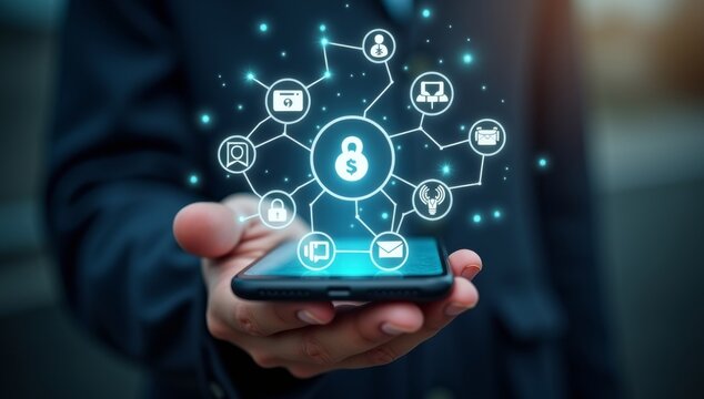 person's hand holding a phone, with various app icons and symbols emerging from the screen, suggesting connectivity and technology