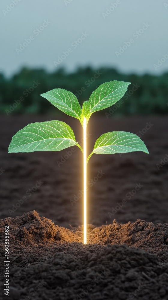 Poster regenerative growth visualization luminescent green sapling emerging from rich soil - sustainable in