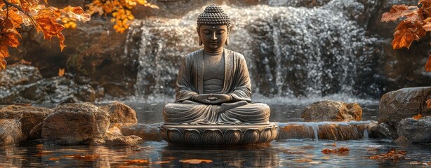 Serene Buddha Statue by Waterfall in Autumn