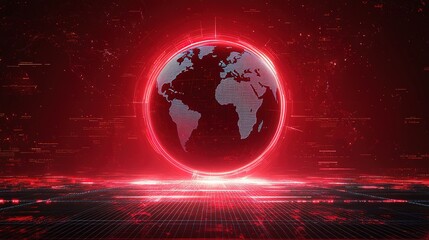 A digitalized Earth with an aperture on a red background and grid lines at the bottom, indicating the integration of global digital networks.