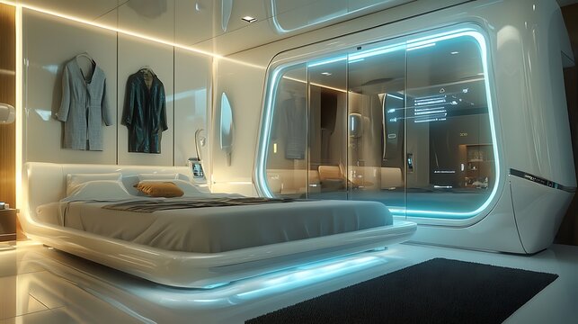 Bright and futuristic smart bedroom with robotic furniture that adapts to user needs, an illuminated glass wardrobe, and a self-cleaning bed 
