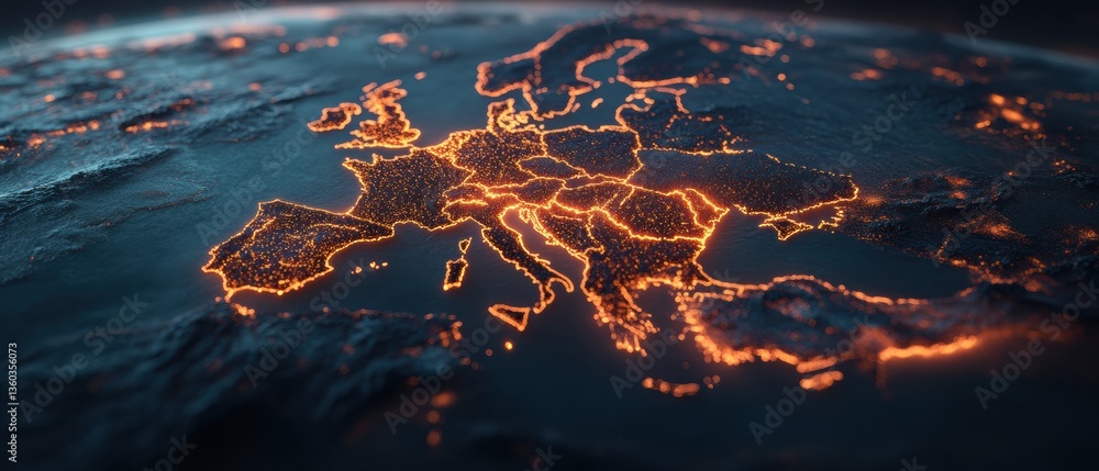 Poster Futuristic Global Network Visualization AI-Powered Economic Forecast Mapping Europes Digital Connectivity with Glowing Geospatial Data Insights