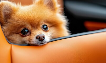 An adorable orange Pomeranian puppy rests its head on a car's vibrant orange leather interior.