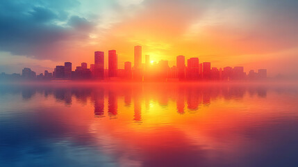 Obraz premium Vibrant sunset over a city skyline reflected in calm waters, showcasing urban beauty and tranquility