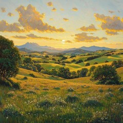 Fototapeta premium Golden Hour Sunset Over Rolling Hills Landscape Painting