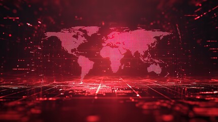 A floating digitalized world map on a red background with a grid at the bottom, reflecting the digital connection of the global landscape.