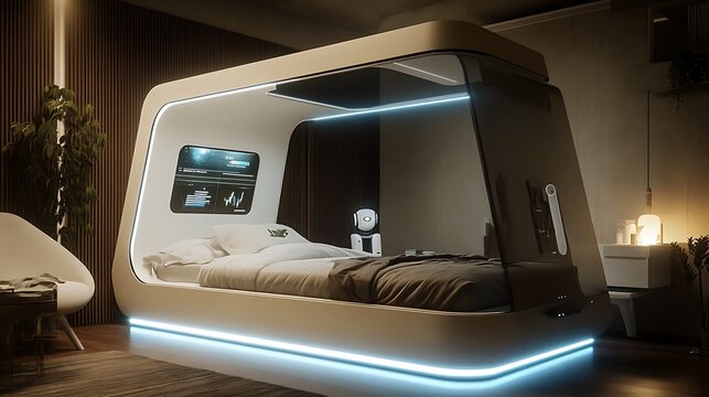 Bright and futuristic smart bedroom with robotic furniture that adapts to user needs, an illuminated glass wardrobe, and a self-cleaning bed 