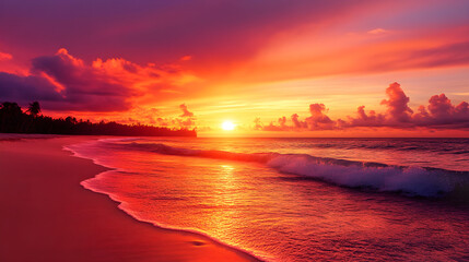 Fototapeta premium The bright, fiery colors of a tropical sunset cast their glow over a peaceful beach, where the sound of waves lapping against the shore adds to the serene ambiance