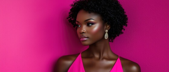 Stunning Black Woman with Short Curly Hair and Gold Earrings against a Vibrant Pink Background