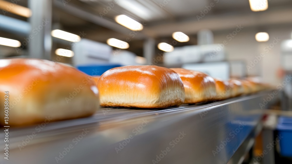 Poster rows of golden rolls sit on a conveyor belt in a bakery, showcasing the streamlined process of moder