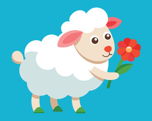 Cute Cartoon Sheep Holding a Red Flower Illustration