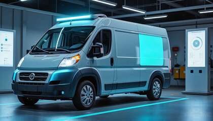Fototapeta premium Modern delivery van parked in a tech-focused environment 