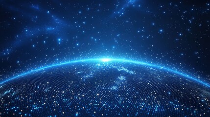 A digitalized Earth under a blue starry sky, covered with flashing light dots, presenting a vision of the digital universe.