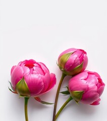 Fototapeta premium Three unopened peony rose buds, pristine white background, floral, flowers