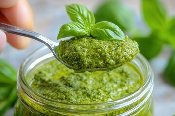 Pesto fresh made delight. Fresh basil pesto on a spoon above a jar with basil leaves in background.