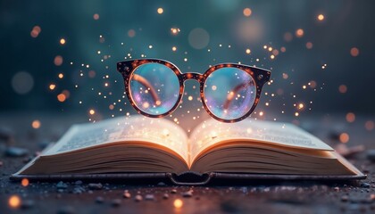 Magic glasses floating above an open book with glowing sparks and mystical background for literacy day
