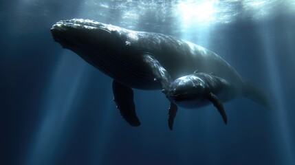 Fototapeta premium Majestic whale mother and calf in ocean depths. Sunlight streams through the water