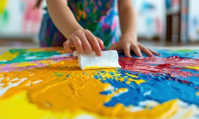 A young artist blends vibrant hues on canvas, creating an abstract masterpiece with paper towel.